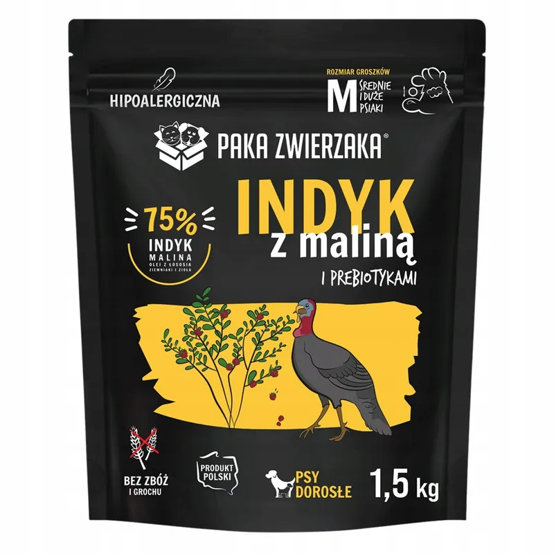Ekspresowa dostawa Paka Zwierzaka Karma sucha dla psa indyk z maliną M 1,5 kg