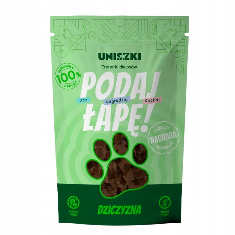 Oferta czasowa Naturalny Przysmak dla psa Uniszki Podaj Łapę Trenerki Dziczyzna 90g