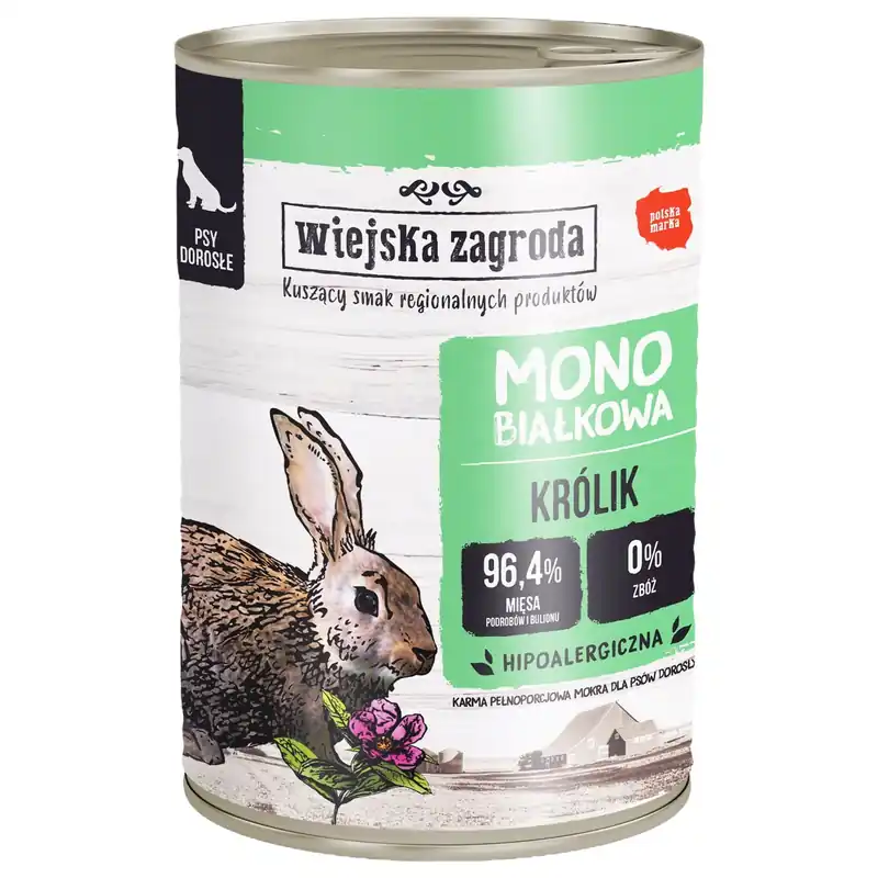 WIEJSKA ZAGRODA MONOPROTEIN Karma mokra dla psa Królik 400g Łatwy zwrot