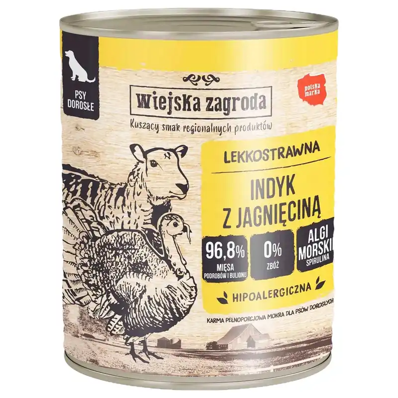 Bestseller WIEJSKA ZAGRODA Karma mokra dla psa Indyk Jagnięcina 800g Bezzbożowa