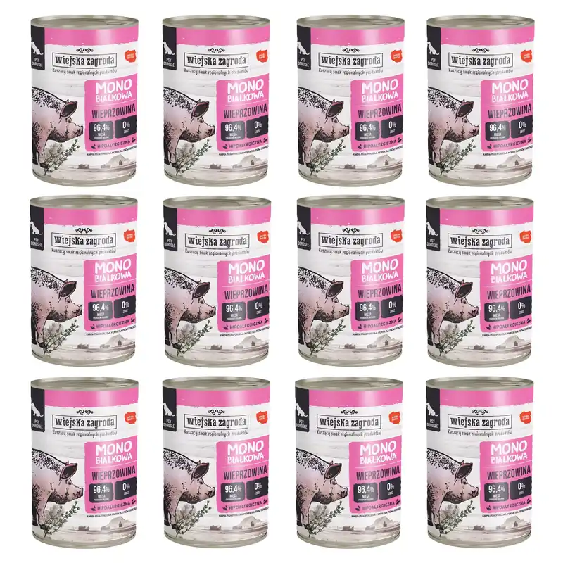 WIEJSKA ZAGRODA Karma mokra dla psa MONO Wieprzowa 12 x 400g Bezzbożowa Popularny