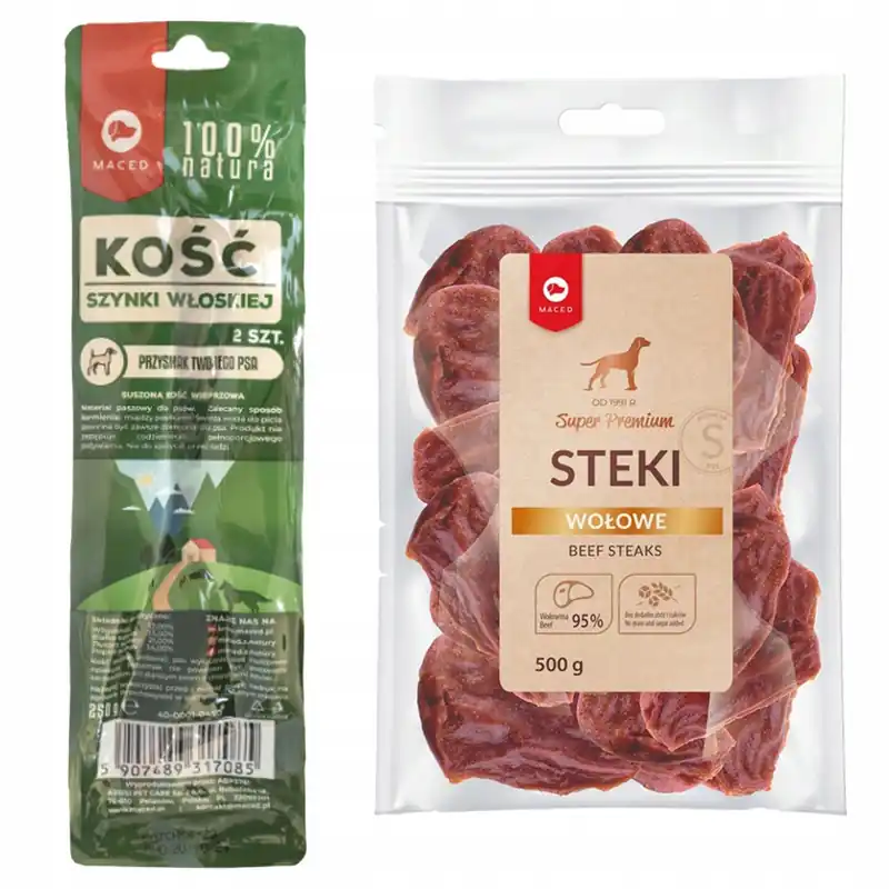 Okazja MACED Zestaw przysmaków dla psa Kości z szynki + Steki Wołowe 500g
