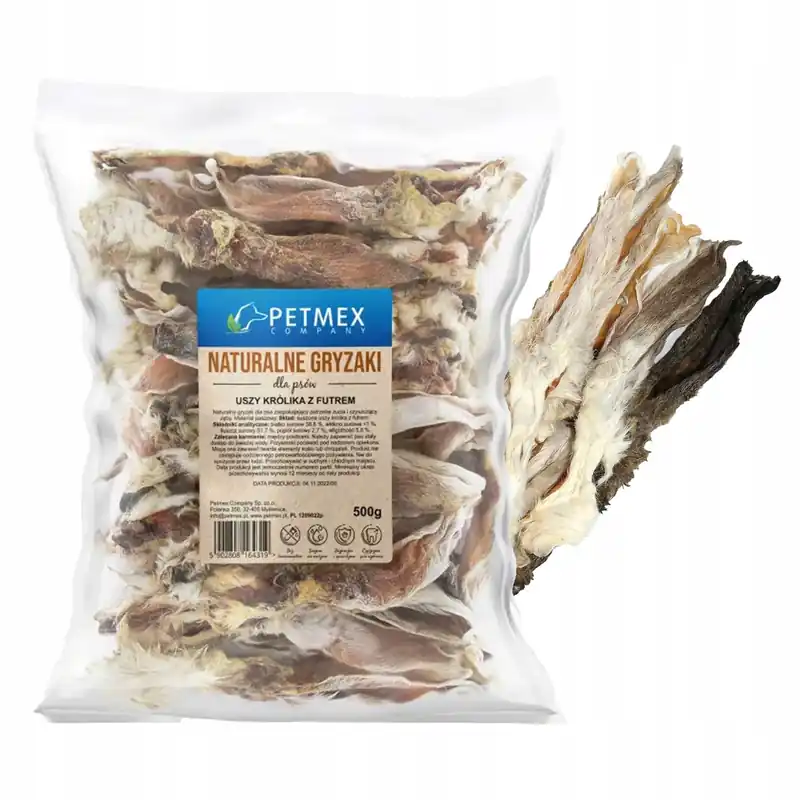 PETMEX Ucho Królika z futrem Naturalny Gryzak dla psa 500g Hit cenowy