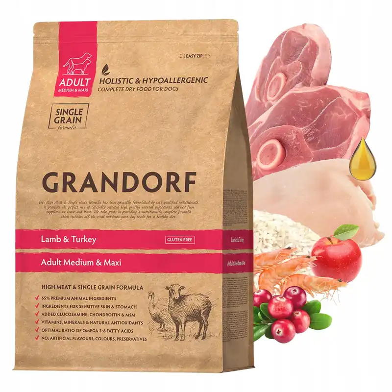 Darmowy zwrot GRANDORF DOG MEDIUM&MAXI ADULT karma sucha dla psa Jagnięcina Indyk 10 kg