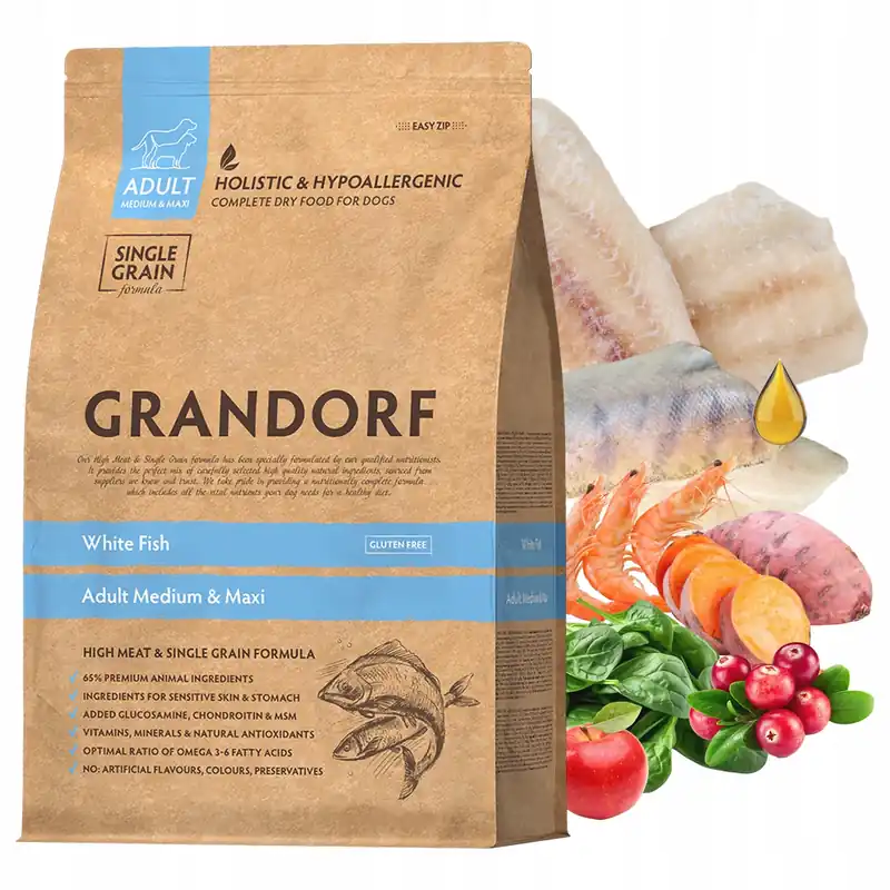 Bestseller GRANDORF DOG MEDIUM&MAXI ADULT karma sucha dla psa Białoryby 3 kg