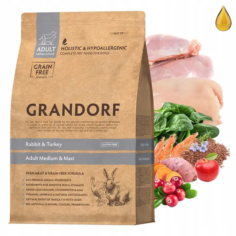 Bezpieczna płatność GRANDORF DOG MEDIUM&MAXI ADULT karma sucha dla psa Królik Indyk 1 kg