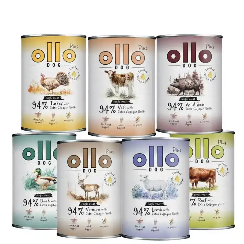 Dostępne od ręki Ollo Kolagen MIX SMAKÓW PAKIET - mokra karma dla psów, 7x400g