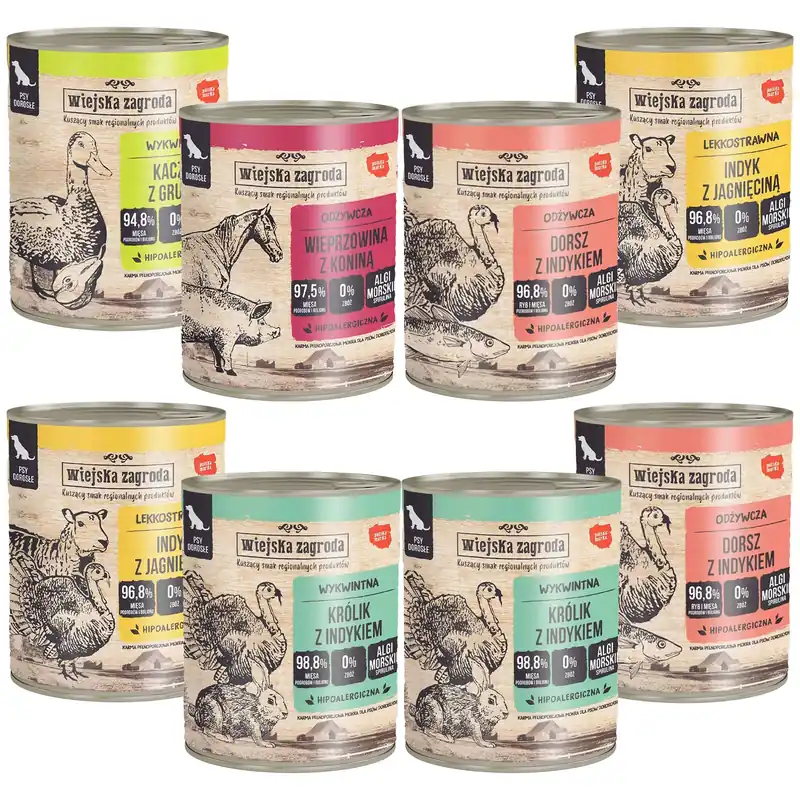 WIEJSKA ZAGRODA Mix Smaków karma dla psa mokra puszka 8 x 800g bezzbożowa Hit sprzedaży