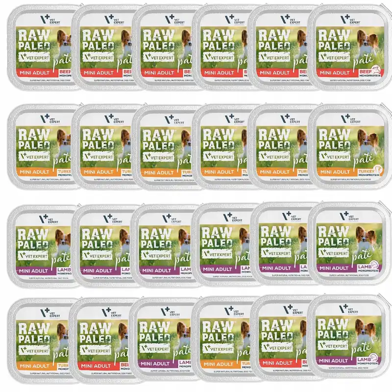Hit sprzedaży RAW PALEO PATE Mini Adult Mix Smaków karma dla psa mokra 24 x 150g bez zbóż