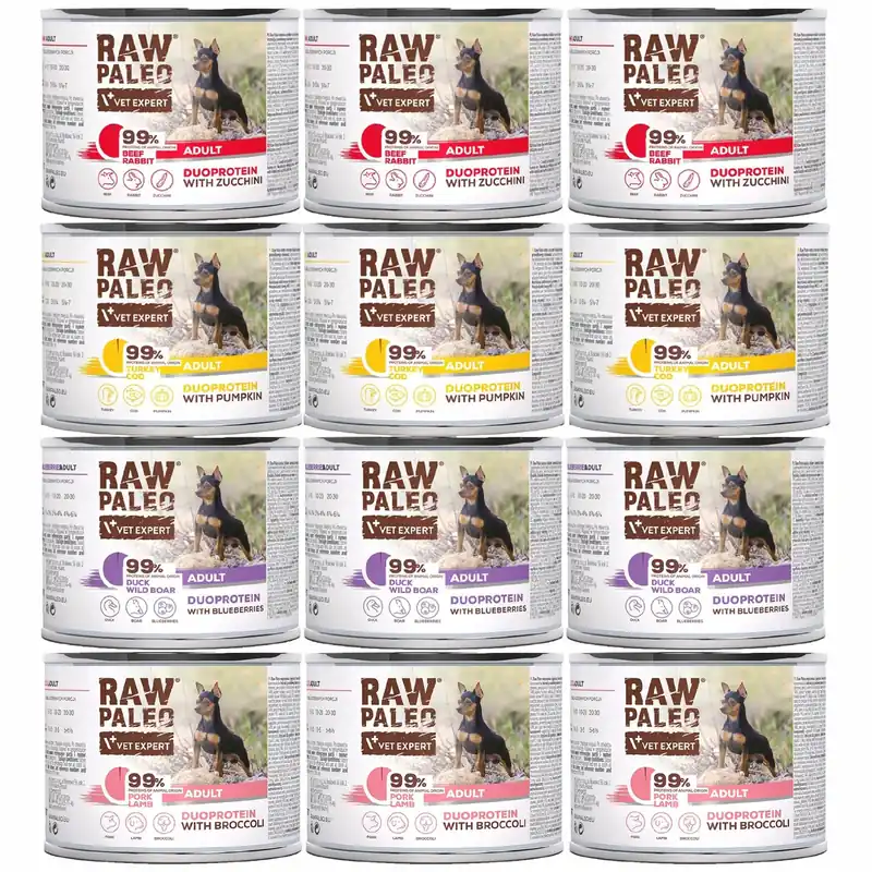 Darmowy zwrot RAW PALEO Duoprotein Mix Smaków karma dla psa mokra 12 x 200g bezzbożowa