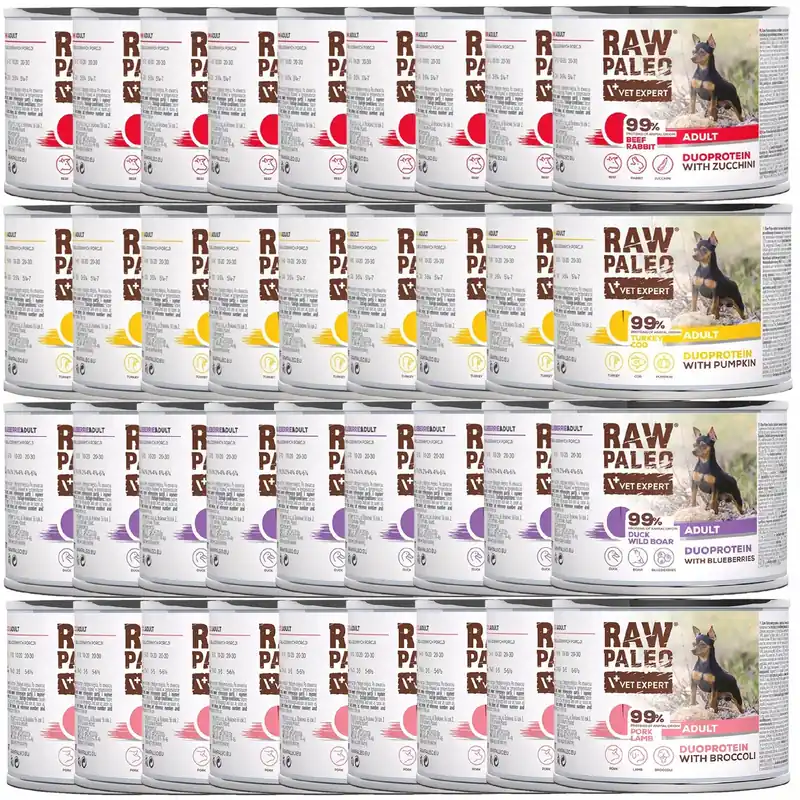 Dostępne od ręki RAW PALEO Duoprotein Mix Smaków karma dla psa mokra 36 x 200g bezzbożowa