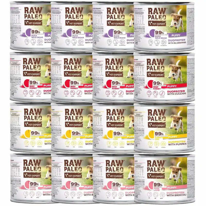 Do wyczerpania zapasów RAW PALEO PUPPY Duoprotein Mix Smaków karma dla szczeniąt mokra 16 x 200g
