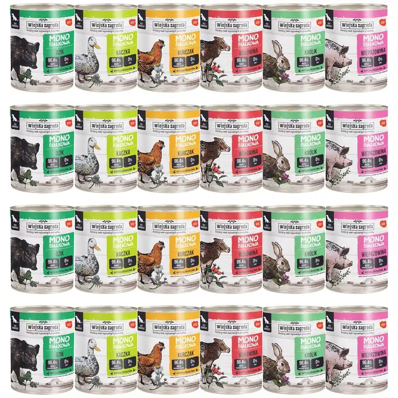 Zamów teraz WIEJSKA ZAGRODA Monobiałkowa Mix Smaków karma mokra dla psa 24 x 800g