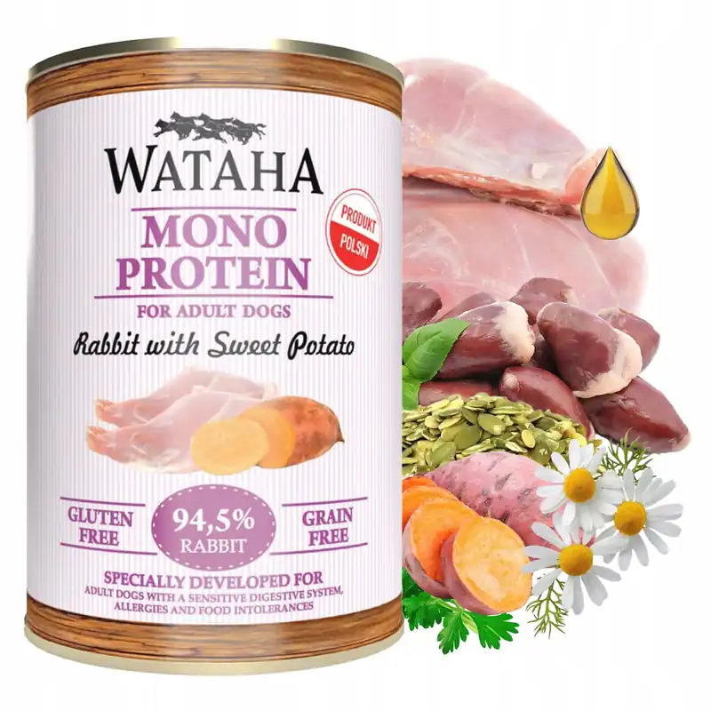 Hit sprzedaży WATAHA Mono Protein Adult karma mokra dla psa Królik z Batatami 400g