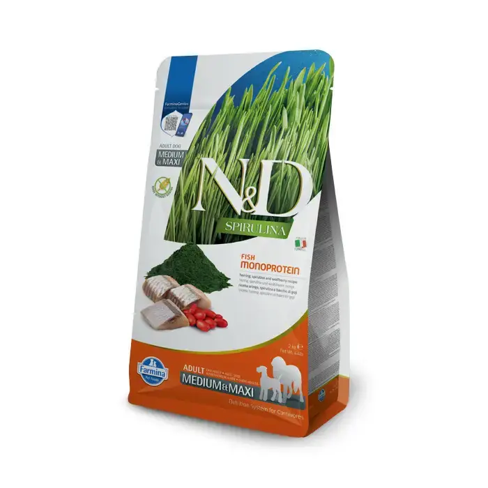 Darmowy zwrot FARMINA N&D Spirulina Herring & Wolfberry Adult Medium & Maxi- karma dla dorosłych psów ras średnich i dużych