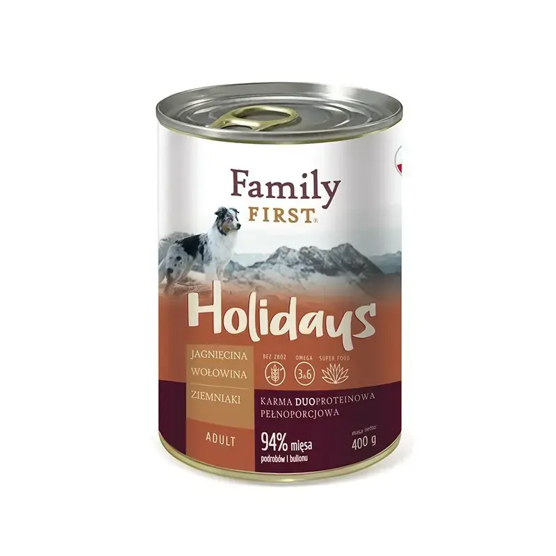 FAMILY FIRST Holidays Jagnięcina / wołowina z ziemniakami - Duoproteinowa, mokra karma dla psów Darmowy zwrot