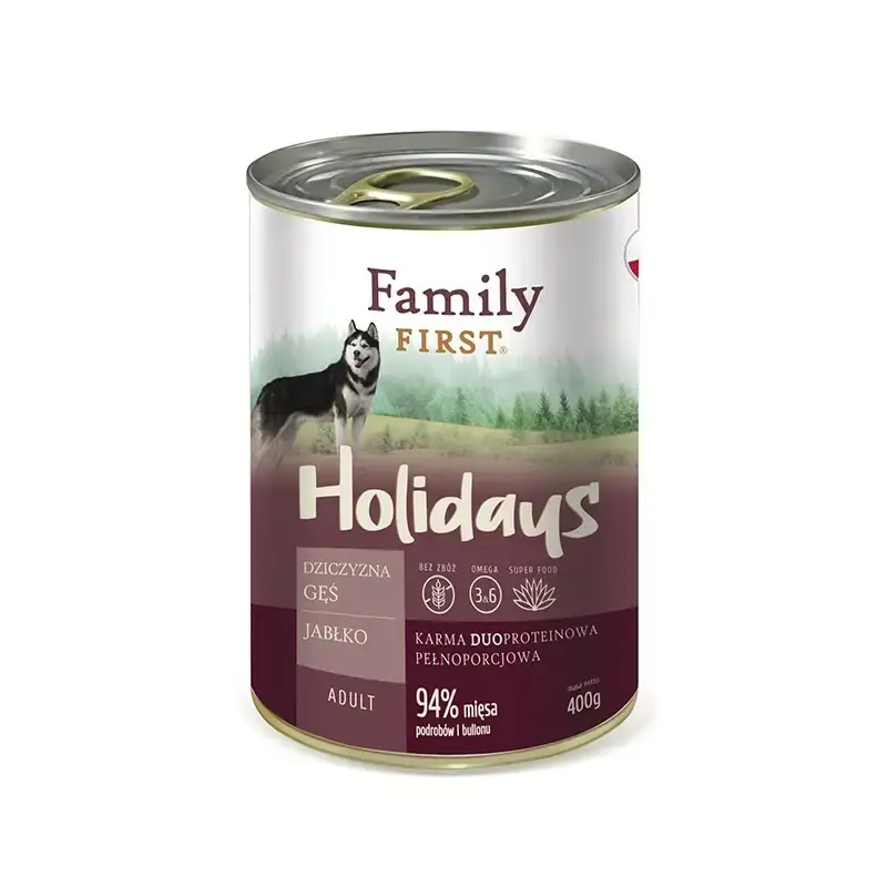 Sprawdź teraz FAMILY FIRST Holidays Dziczyzna /Gęś z jabłkiem - Duoproteinowa, mokra karma dla psów