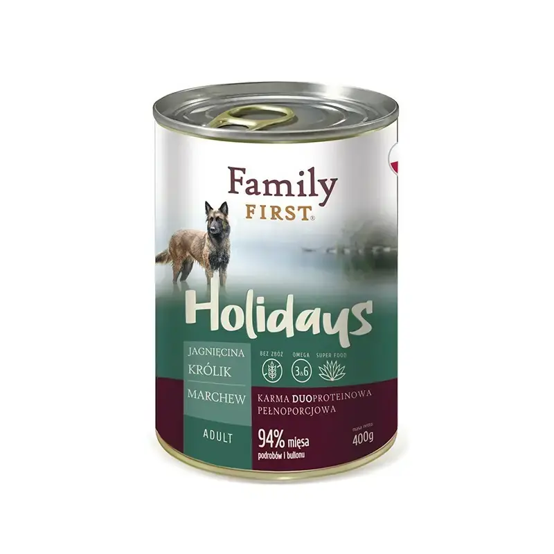 FAMILY FIRST Holidays Jagnięcina /Królik z marchewką - Duoproteinowa, mokra karma dla psów Zamów teraz