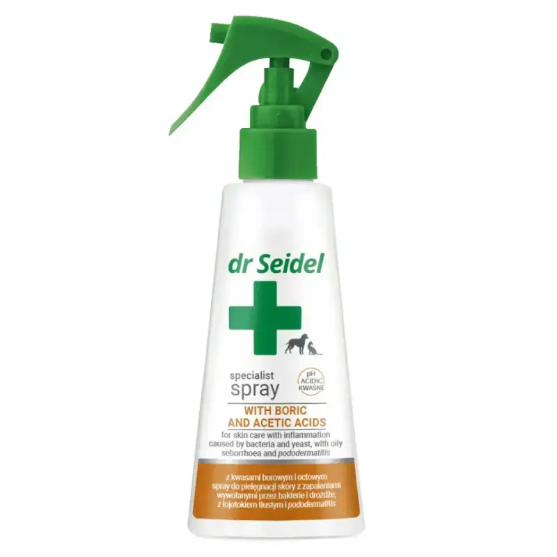 Kup online Dr Seidel Spray z kwasami borowym i octowym - do pielęgnacji skóry psów i kotów z zapaleniami wywołanymi przez bakterie i drożdże, 100ml
