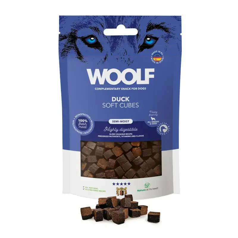 Ekspresowa dostawa WOOLF SOFT CUBES DUCK MONOPROTEIN - przysmak dla psa, kosteczki z kaczki, 100g