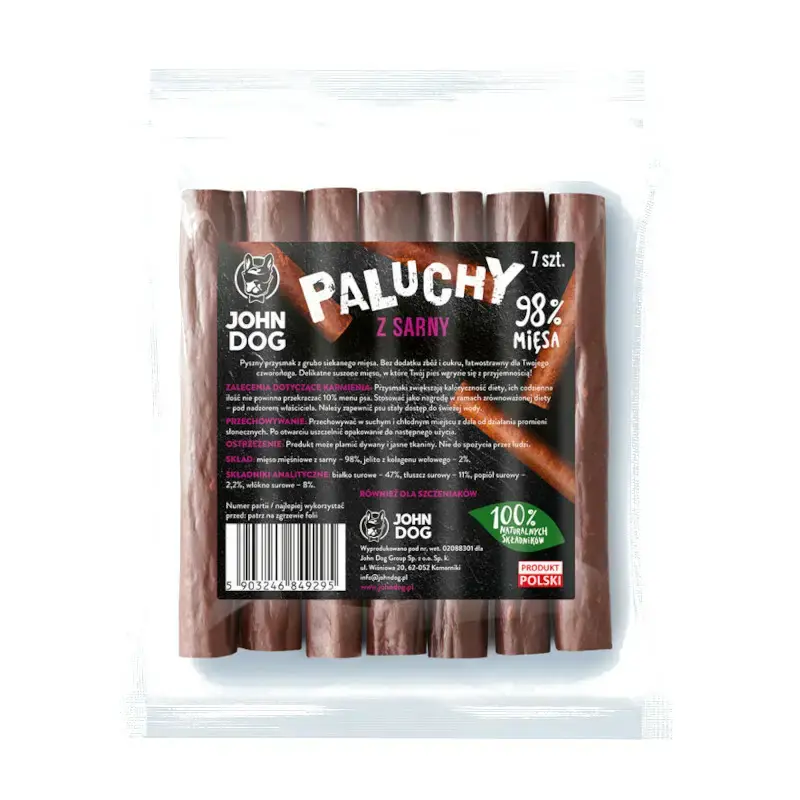 Niska cena JOHN DOG Paluchy z Sarny - smakołyk dla psa z grubo siekanego i delikatnie podsuszanego mięsa, 7szt