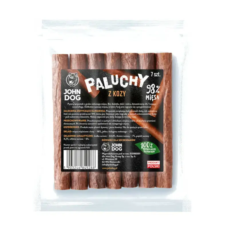 Ograniczona ilość JOHN DOG Paluchy z Kozy - smakołyk dla psa z grubo siekanego i delikatnie podsuszanego mięsa, 7szt