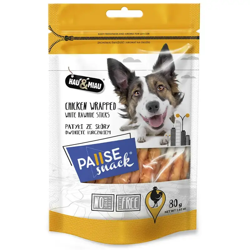 HAU&MIAU Pause snack przysmak dla psa - patyki ze skóry owinięte kurczakiem 80g Premium