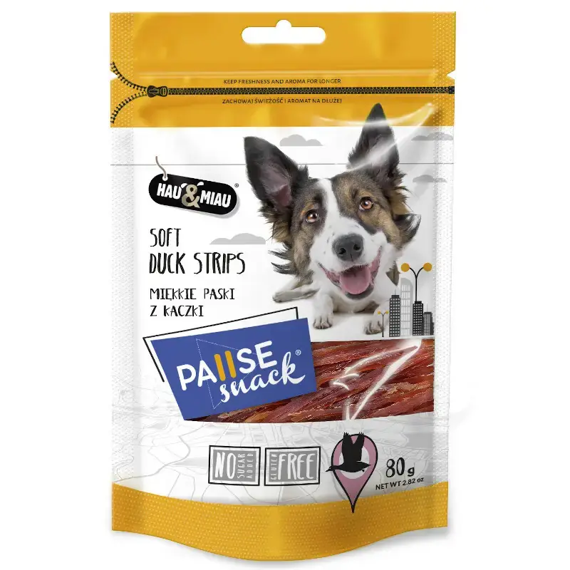 Zniżka HAU&MIAU Pause snack przysmak dla psa, paski z kaczki 80g