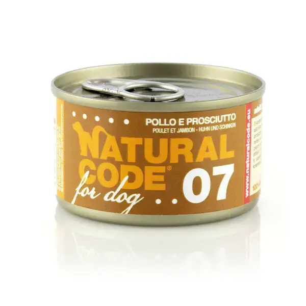 Łatwy zwrot Natural Code 07 Kurczak i szynka - Mokra karma dla psa, puszka 90g