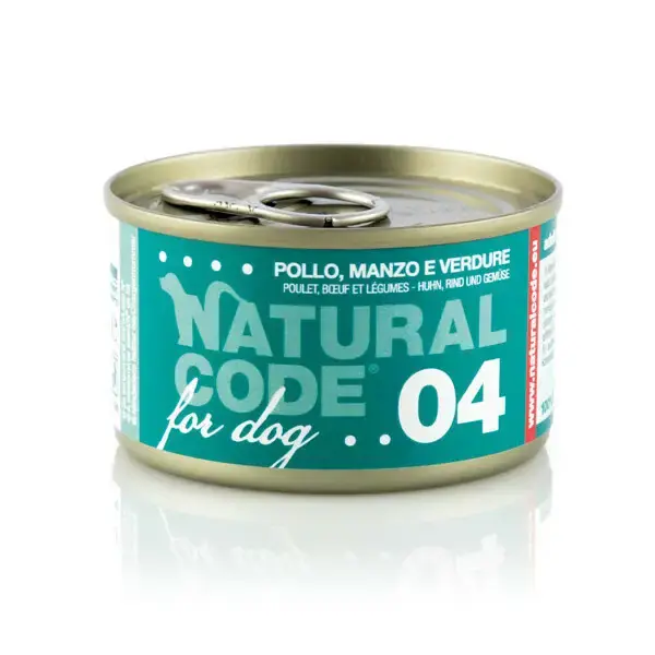 Łatwy zwrot Natural Code 04 Kurczak, wołowina i warzywa - Mokra karma dla psa, puszka 90g