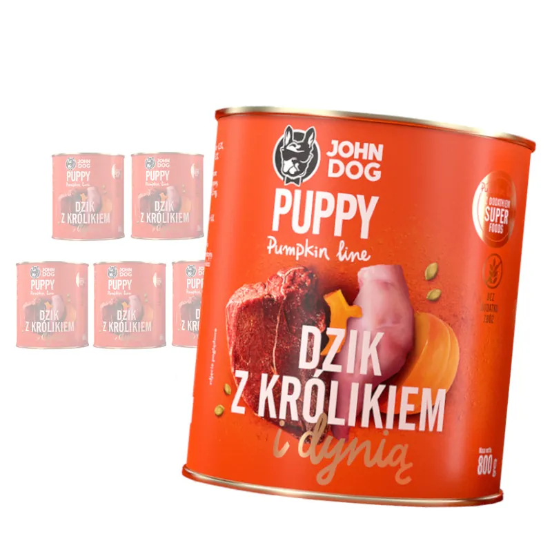 Bestseller JOHN DOG Karma Mokra Dla Szczeniąt Pumpkin Line Dzik z Królikiem i Dynią Zestaw 6x800g