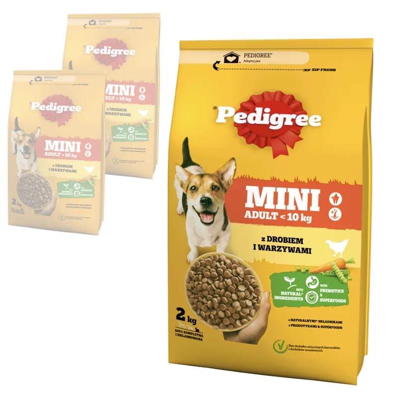 PEDIGREE Adult Mini 3x2kg Z Drobiem I Warzywami Sucha Karma Pełnoporcjowa Dla Dorosłych Psów Małych Ras Darmowy zwrot