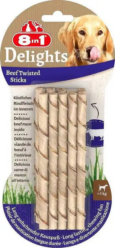 Nie przegap 8in1 Przysmak Delights Beef Twisted Sticks dla psa