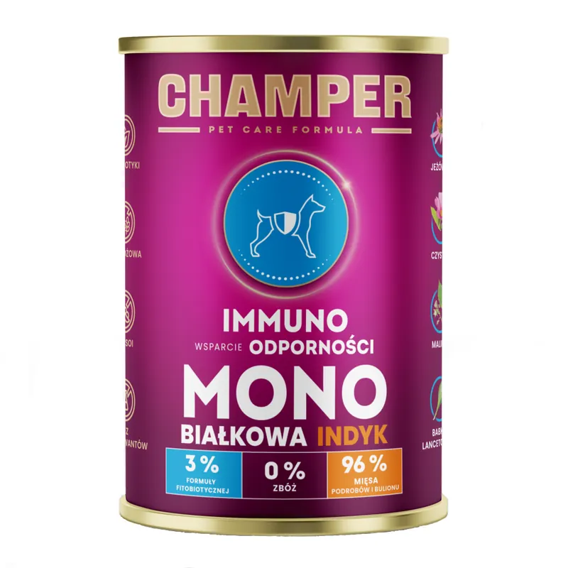 Champer Immuno Monobiałkowa 400g Mokra Karma Dla Psa Z Indykiem Wsparcie Odporności Hit sprzedaży