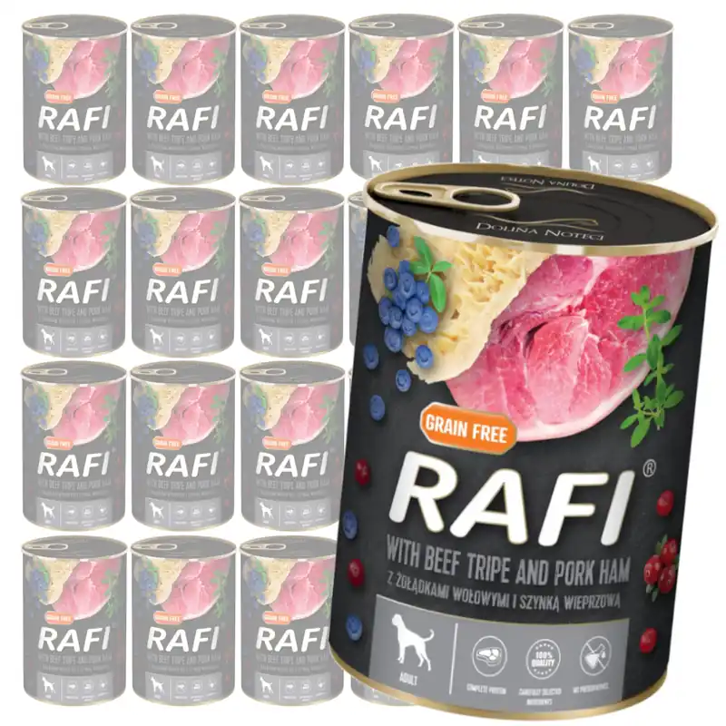 Rafi 24x400g Bezzbożowa Mokra Karma dla Psa z Żołądkami Wołowymi i Szynką Wieprzową Łatwy zwrot