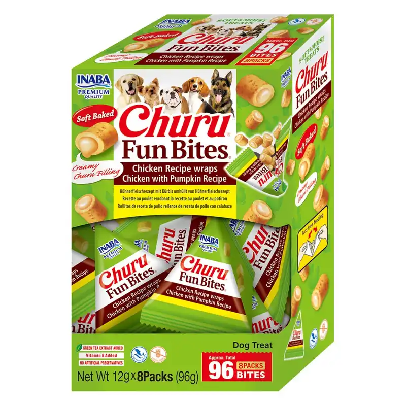 Do wyczerpania zapasów Inaba Dog Churu Fun Bites Chicken with Pumpkin Recipe 8x12g Przysmak Dla Psa Poduszki Z Kremowym Nadzieniem Kurczak Dynia