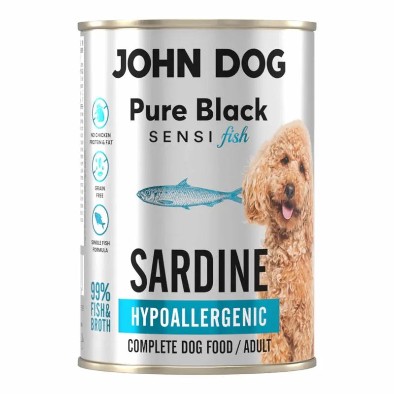 Szybka wysyłka John Dog Pure Black Adult Sensi Fish 400g Hipoalergiczna Mokra Karma Z Sardynką Dla Psów Z Wrażliwym Układem Pokarmowym