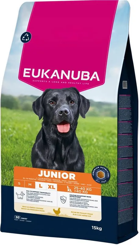 Premium Eukanuba Pies Junior Large/Extra Large Karma z kurczakiem 2x15kg TANI ZESTAW