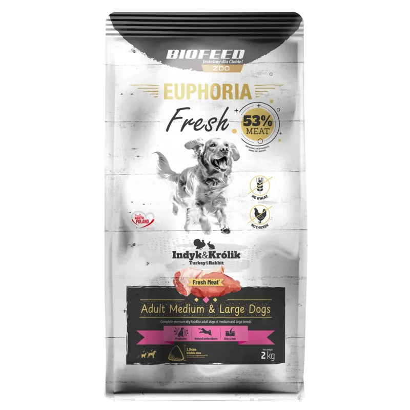 Biofeed Euphoria Fresh Turkey & Rabbit 2kg Sucha Karma Dla Dorosłych Psów Średnich I Dużych Ras Ze Świeżym Indykiem Łatwy zwrot