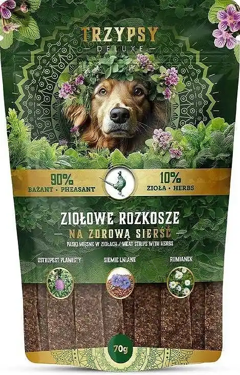 Trzypsy Deluxe Ziołowe Rozkosze na zdrową sierść Przysmaki z bażantem dla psa 70g Bezpieczne zakupy