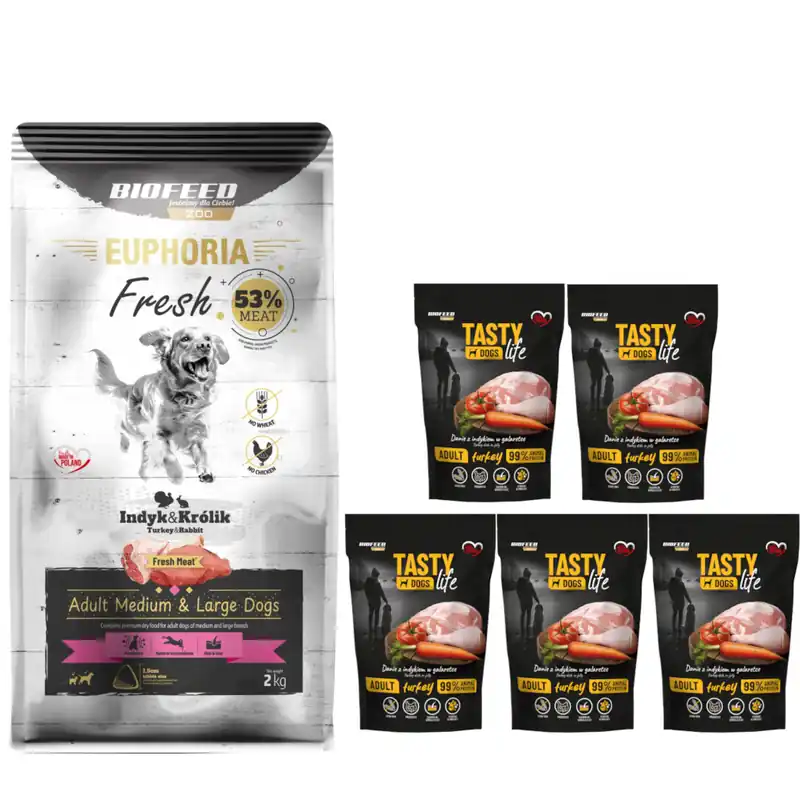 Bezpieczne zakupy Biofeed Euphoria Fresh Turkey & Rabbit 2kg Sucha Karma Dla Psów Średnich I Dużych Ras Z Indykiem + GRATIS 5x150g Mokra Karma z Indykiem