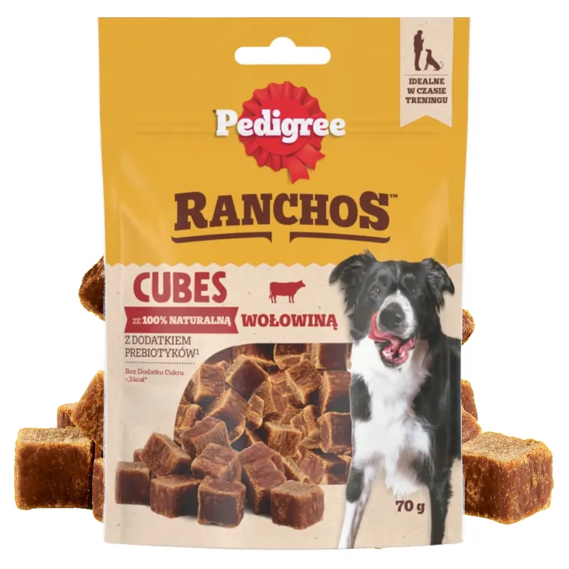 Nowość Pedigree Ranchos Cubes z Wołowiną 70g Treserki Przysmak Dla Psa