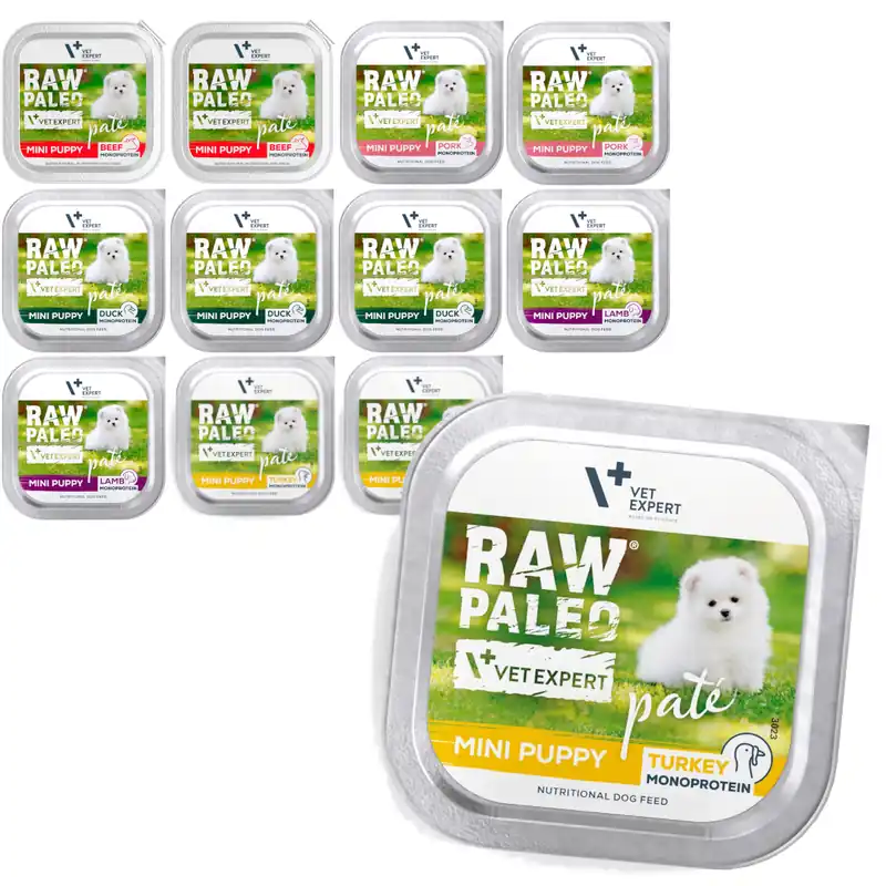 Dodaj do koszyka Raw Paleo Pate Mini Puppy 12x150g Mokra Karma Pasztet Dla Szczeniąt Małych Ras Mix Smaków