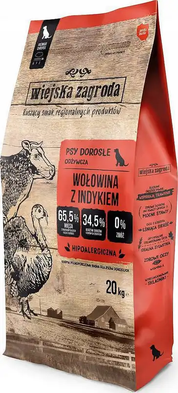 Popularny Wiejska Zagroda Karma z wołowiną i indykiem dla psa 20kg