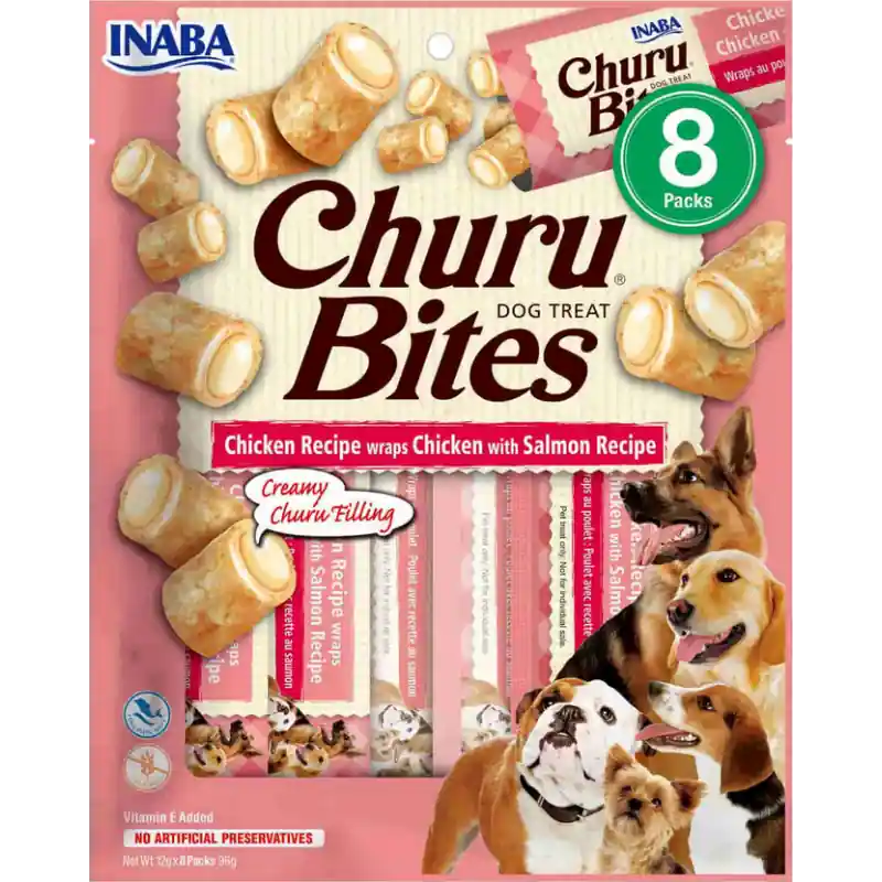 Darmowy zwrot INABA Dog Churu Bites przysmaki z kurczakiem i łososiem 8x12g