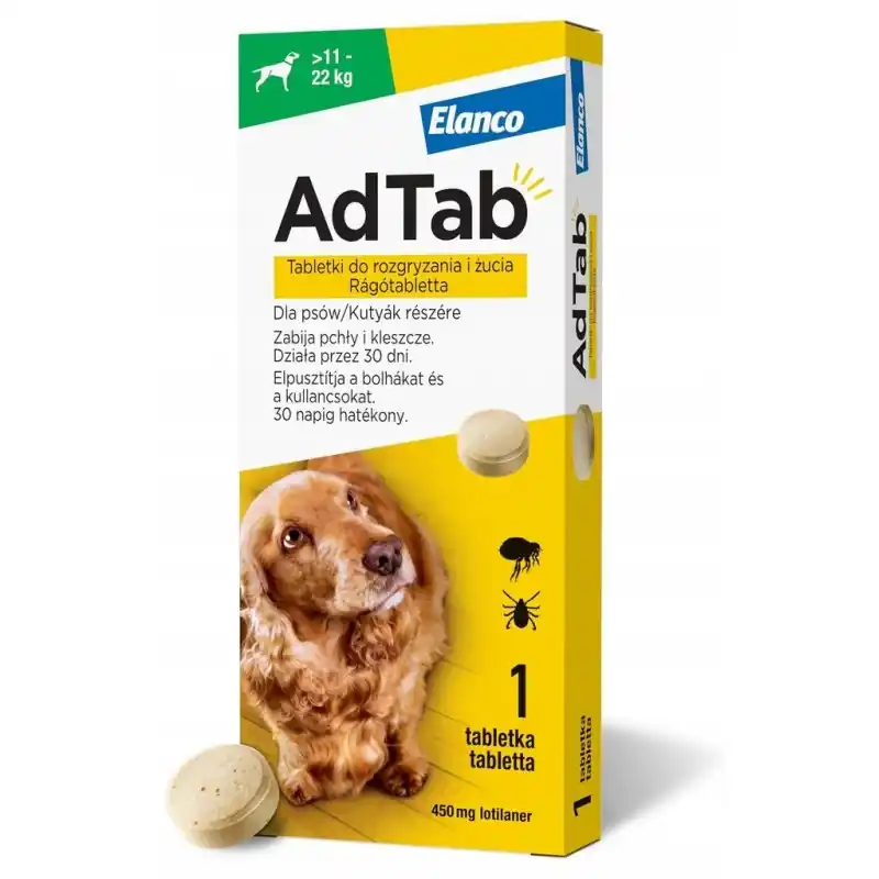 ELANCO AdTab 11 - 22 kg / 1 tabl. (450 mg) - tabletka na pchły i kleszcze Super okazja