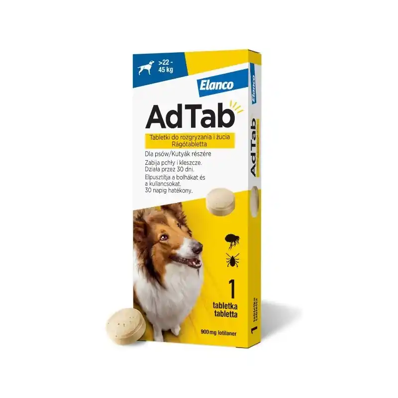 ELANCO AdTab 22 - 45 kg / 1 tabl. (900 mg) - tabletka na pchły i kleszcze Nowość