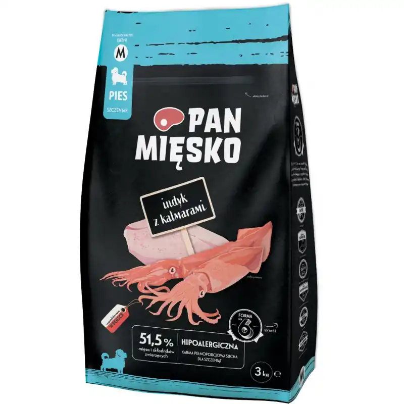 Oferta PAN MIĘSKO dla szczeniąt Indyk z kalmarami - rozmiar chrupek M