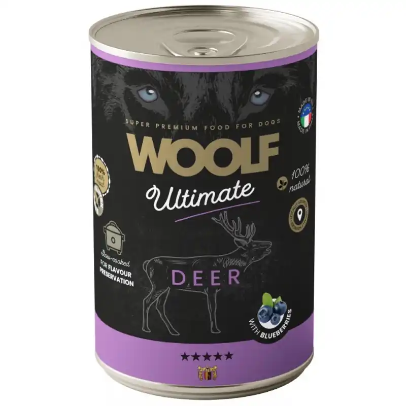 Najlepsza cena WOOLF Ultimate Dog Can Deer and Blueberries - jeleń z jagodami 400g