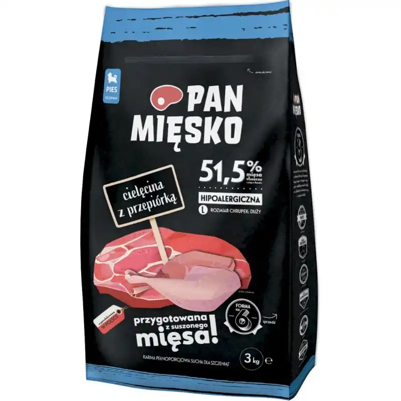 Ostatnie sztuki PAN MIĘSKO Cielęcina z przepiórką dla szczeniąt - rozmiar chrupek L (duży) 3kg